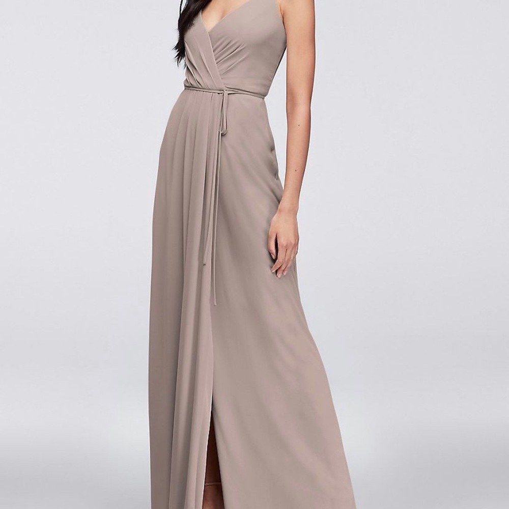 Double strap long georgette wrap dress, biscotti